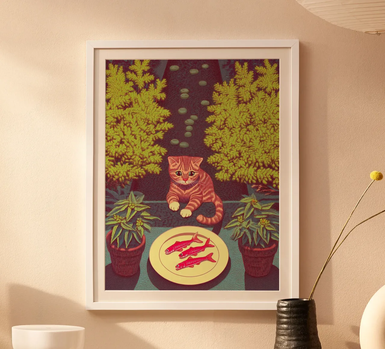 Katze & Fisch Küchenkunst - Fischer Botanische Kunst Poster von Kaji