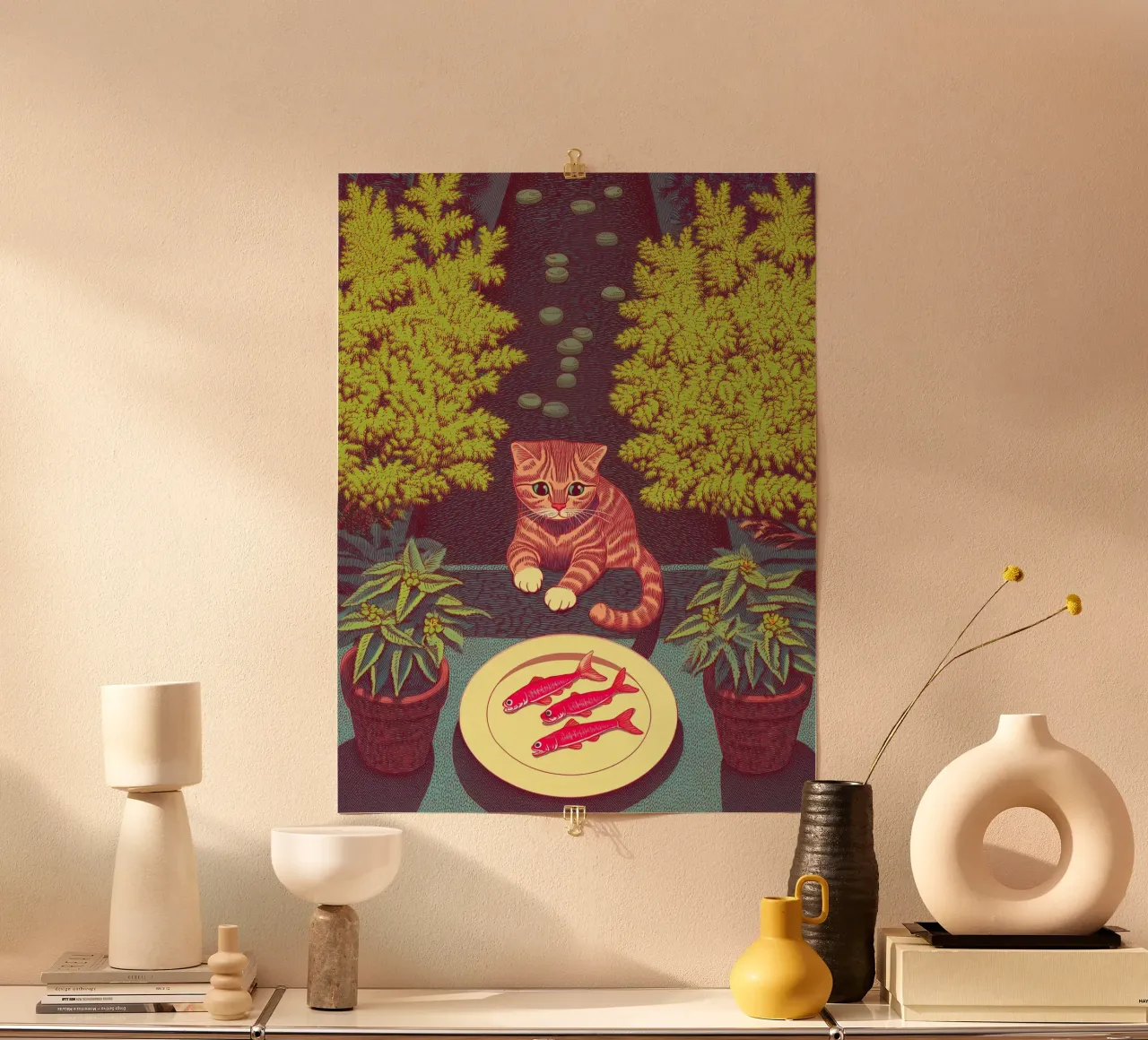 Katze & Fisch Küchenkunst - Fischer Botanische Kunst Poster von Kaji