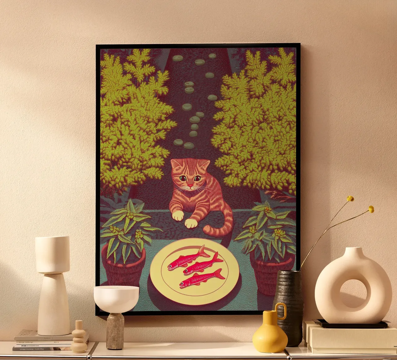 Katze & Fisch Küchenkunst - Fischer Botanische Kunst Poster von Kaji