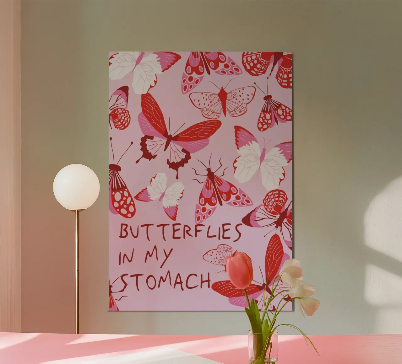 Pink Butterflies In My Stomach poster con telaio in legno da Retro Love