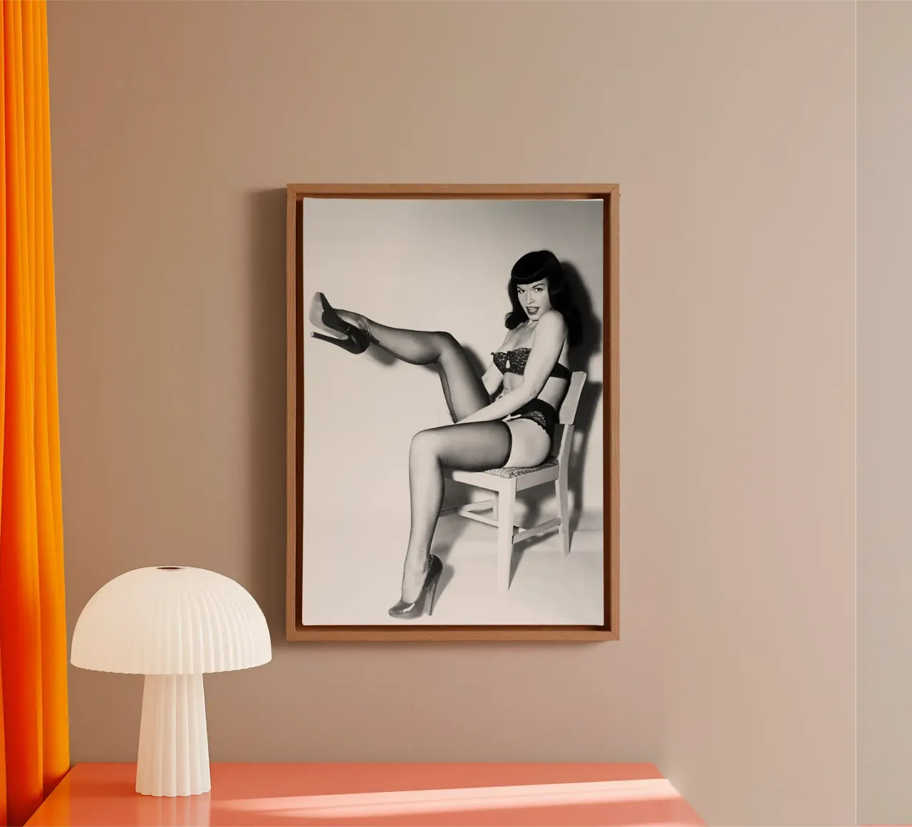 Getting a Leg Up... with Miss Bettie Page Vintage Retro Art canvas with Floater frame by kembangross