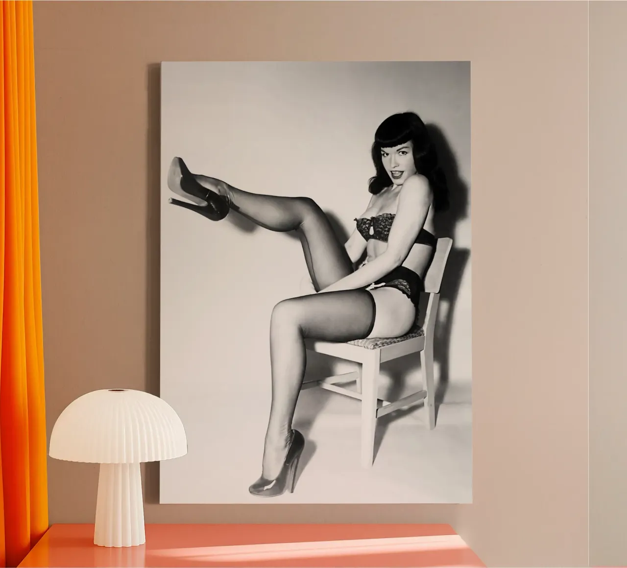 Getting a Leg Up... with Miss Bettie Page Vintage Retro Art canvas with Floater frame by kembangross