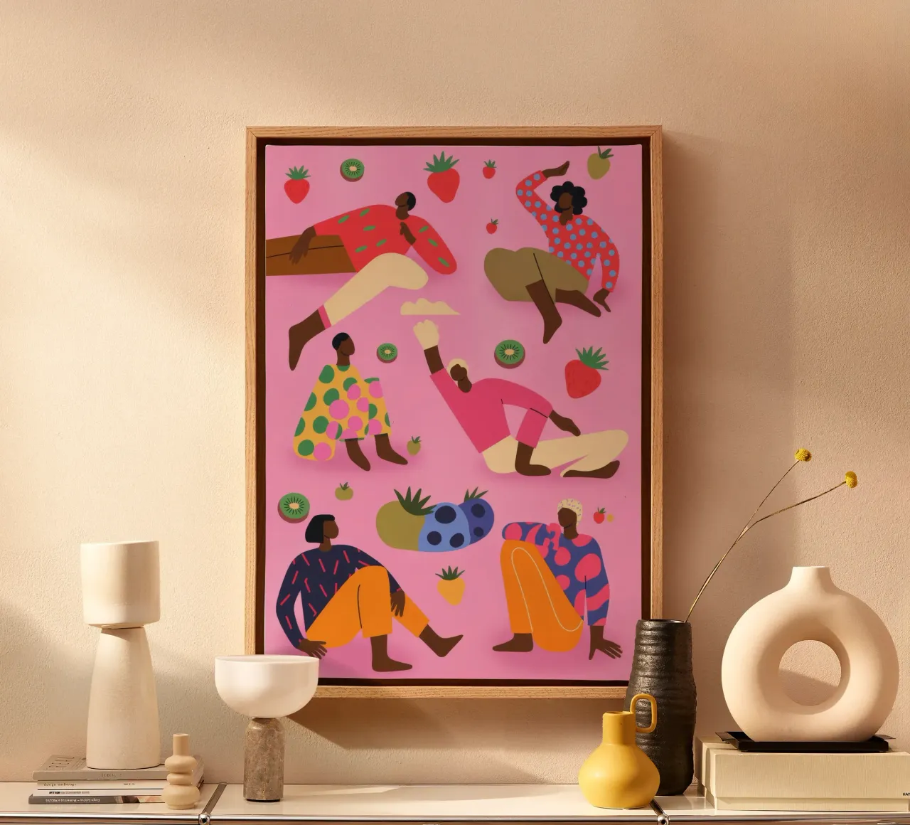 Speelse Aardbeiendans canvas met Baklijst van Color Oblivion