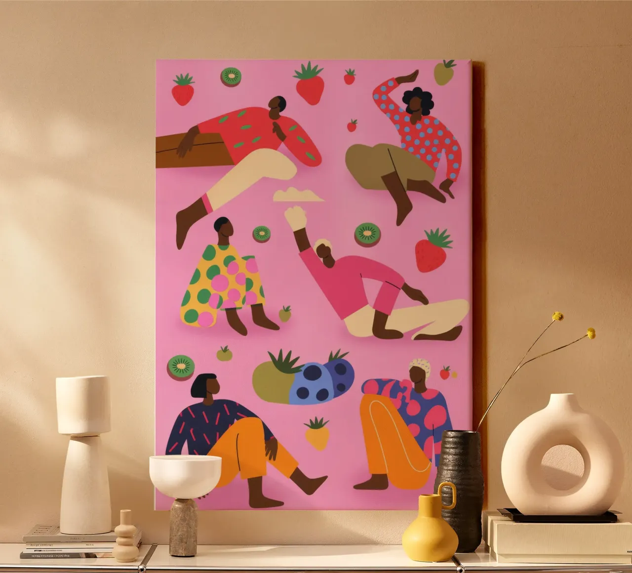 Speelse Aardbeiendans canvas met Baklijst van Color Oblivion