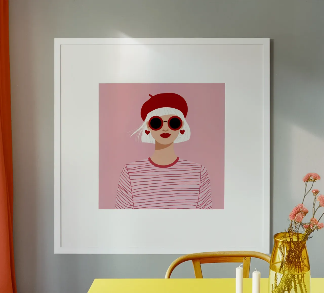 Berretto rosso a righe poster con telaio in legno da Color Oblivion