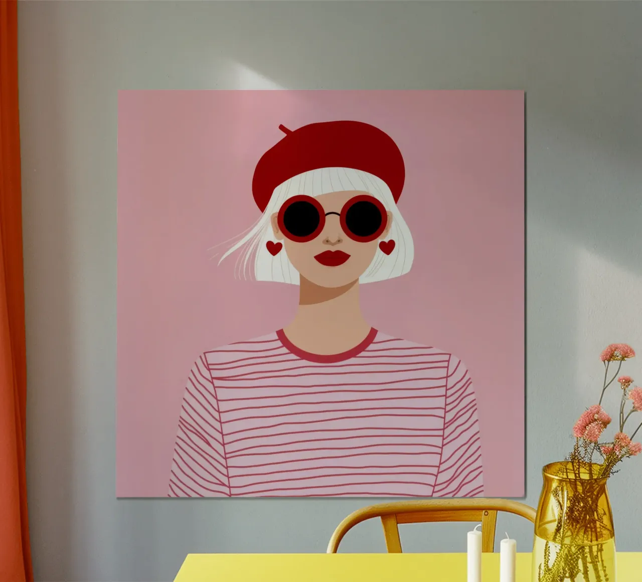 Berretto rosso a righe poster con telaio in legno da Color Oblivion