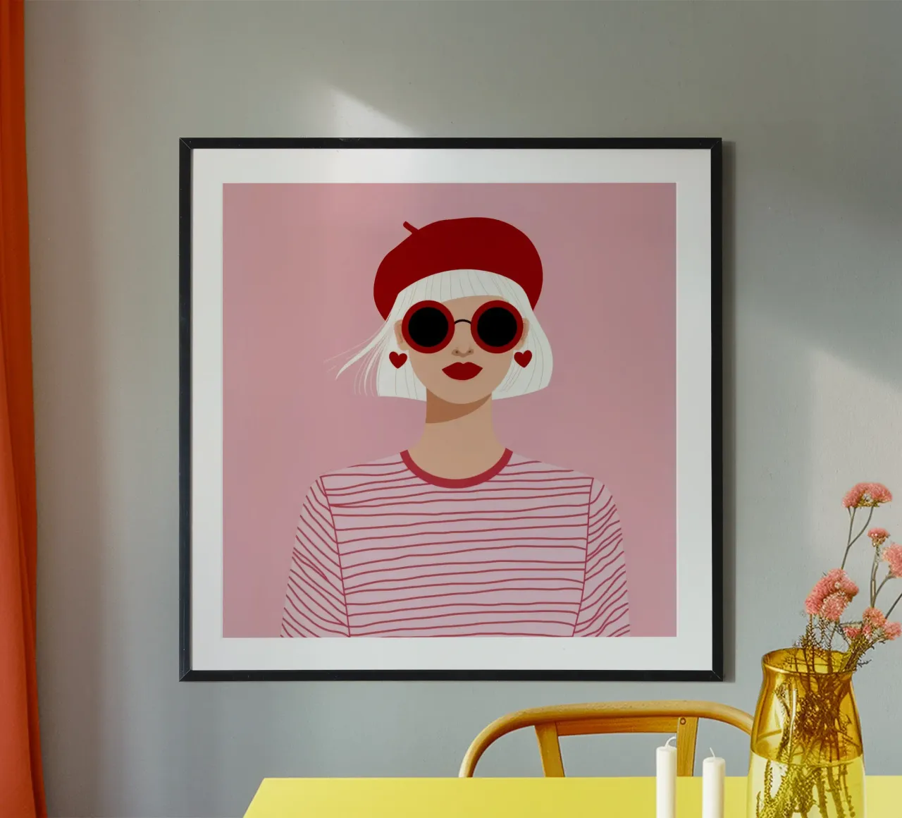 Berretto rosso a righe poster con telaio in legno da Color Oblivion