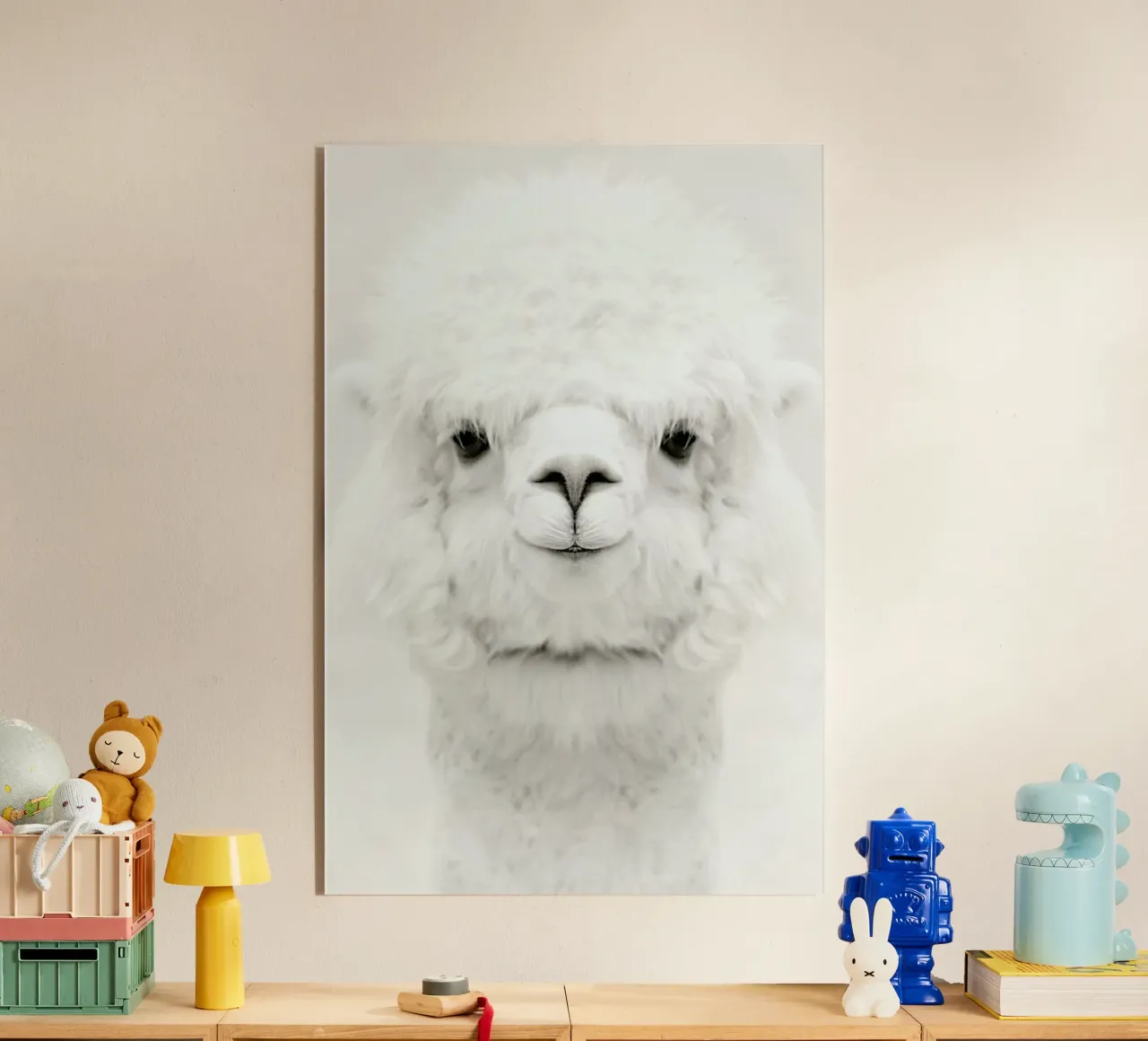 Smiling Alpaca acrylic glass by Monika Strigel