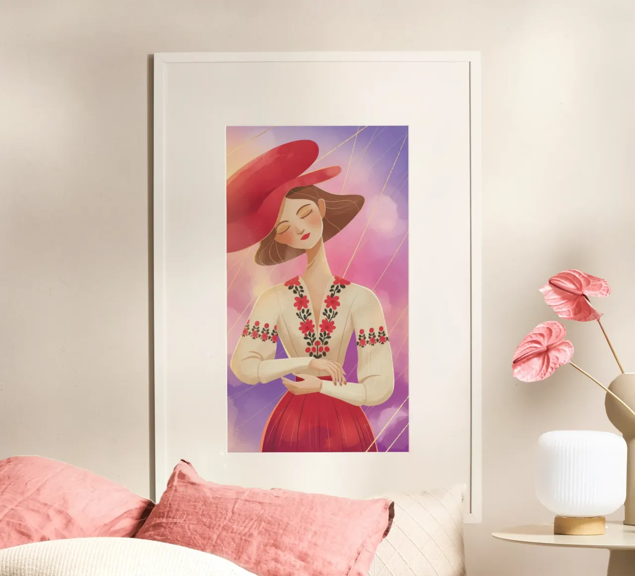 Cappello rosso radiante poster con telaio in alluminio da Color Oblivion
