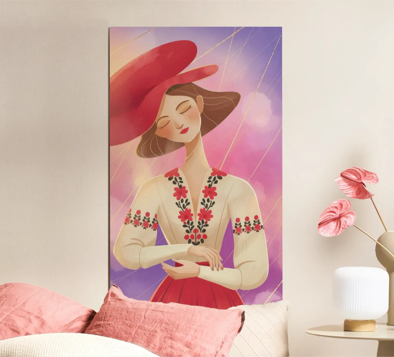 Cappello rosso radiante poster con telaio in alluminio da Color Oblivion