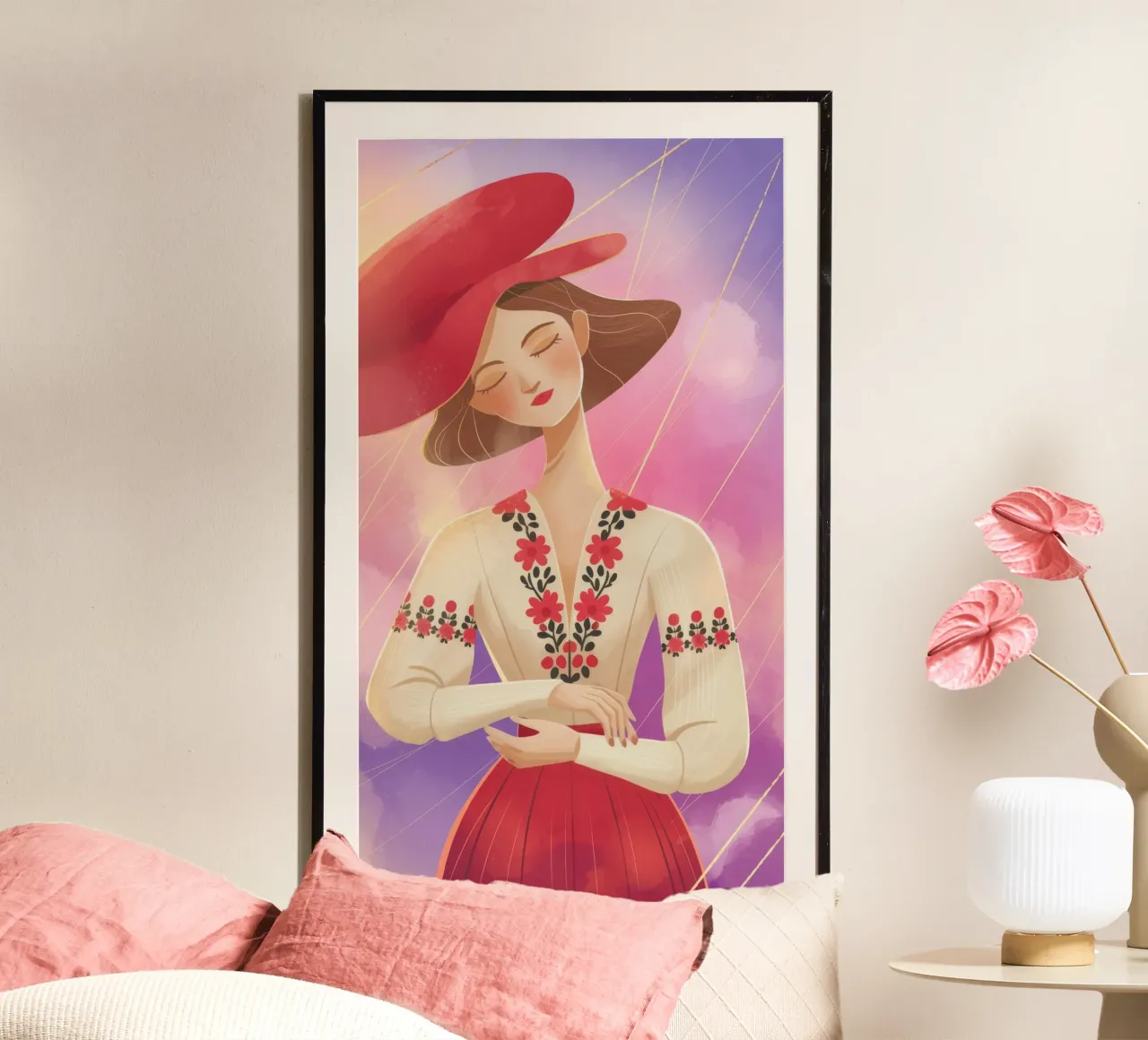 Cappello rosso radiante poster con telaio in alluminio da Color Oblivion
