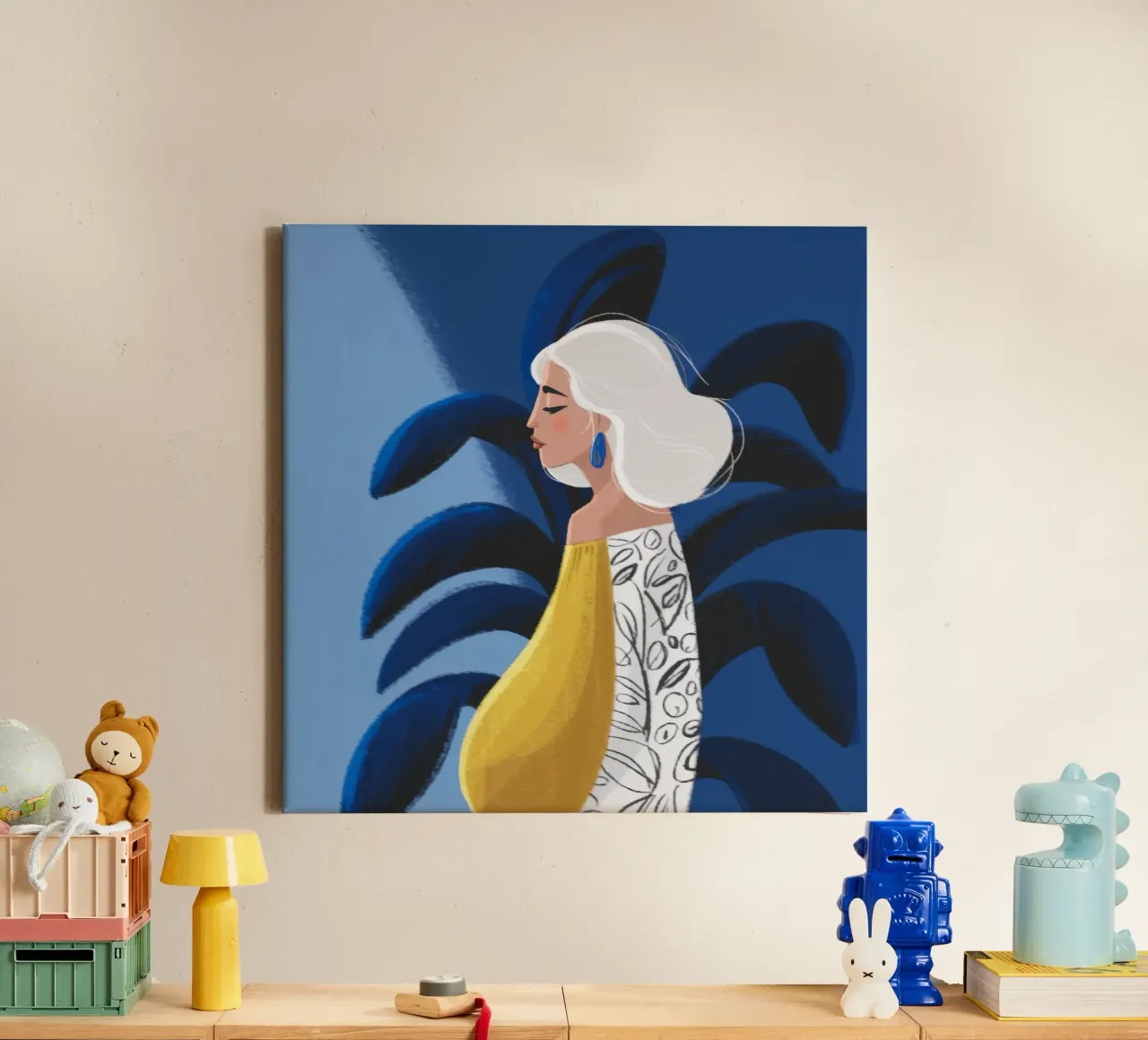 Blauwe palm overpeinzing canvas met Baklijst van Color Oblivion