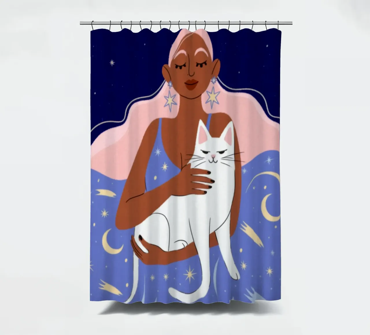 Celestial Cat Embrace shower curtain by Color Oblivion