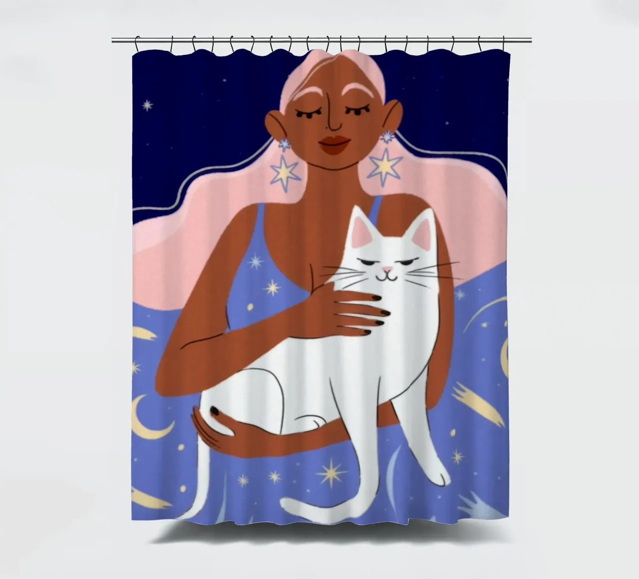 Celestial Cat Embrace shower curtain by Color Oblivion