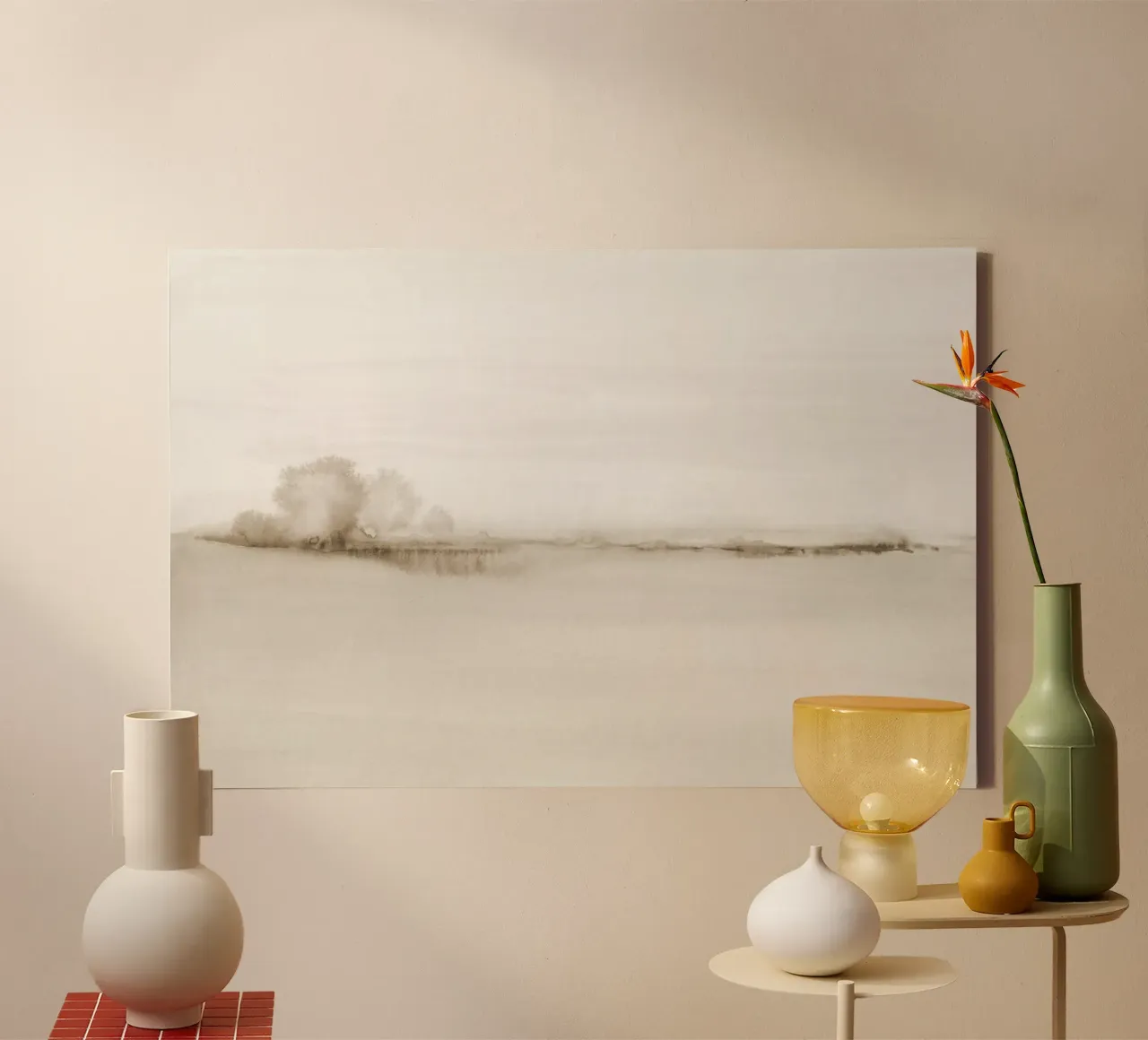 Abstract watercolor fields in beige tones canvas with Floater frame by NouveauPrints