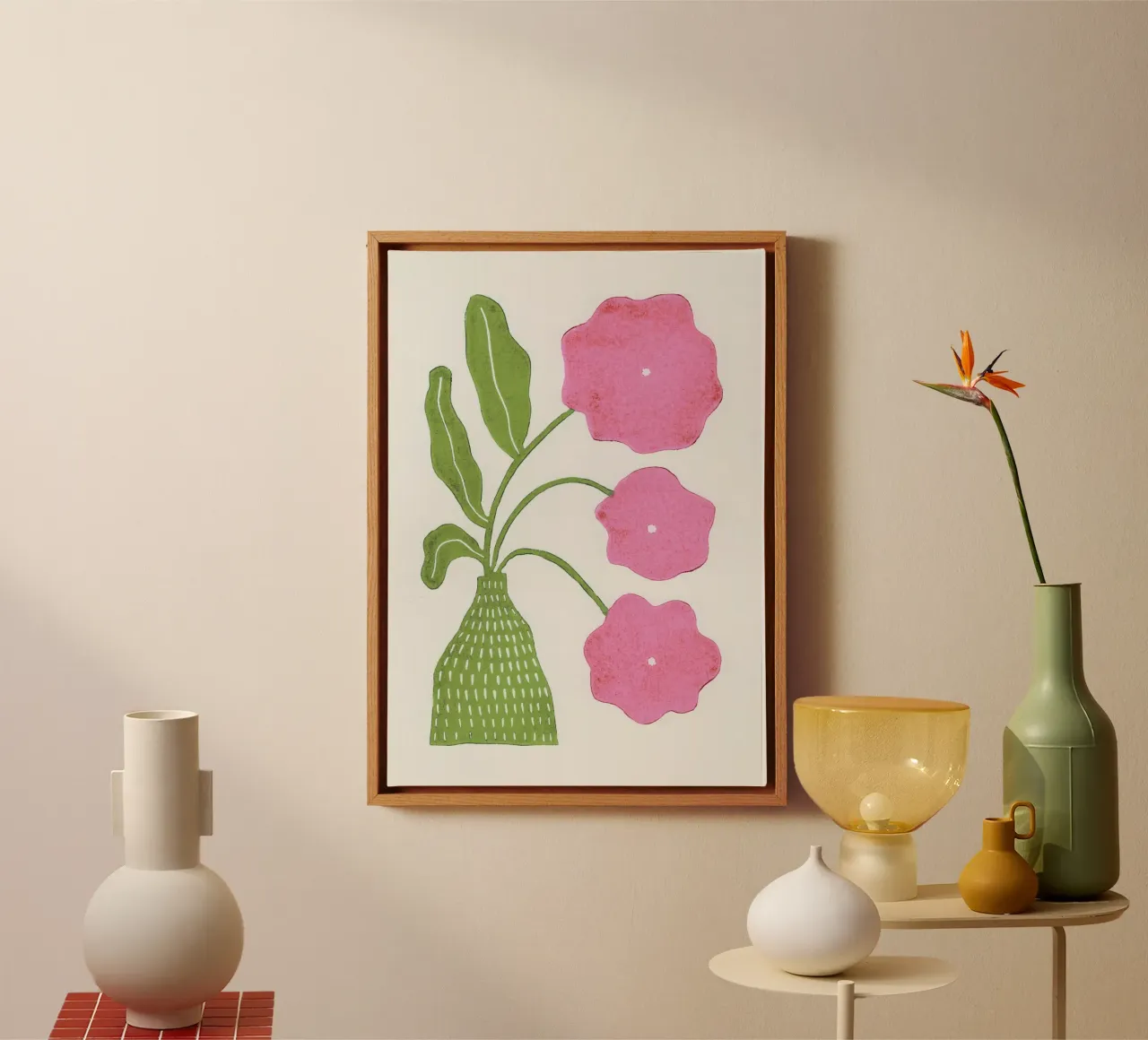 In Full Bloom / Green & Pink Lino Print canvas by Alisa Galitsyna