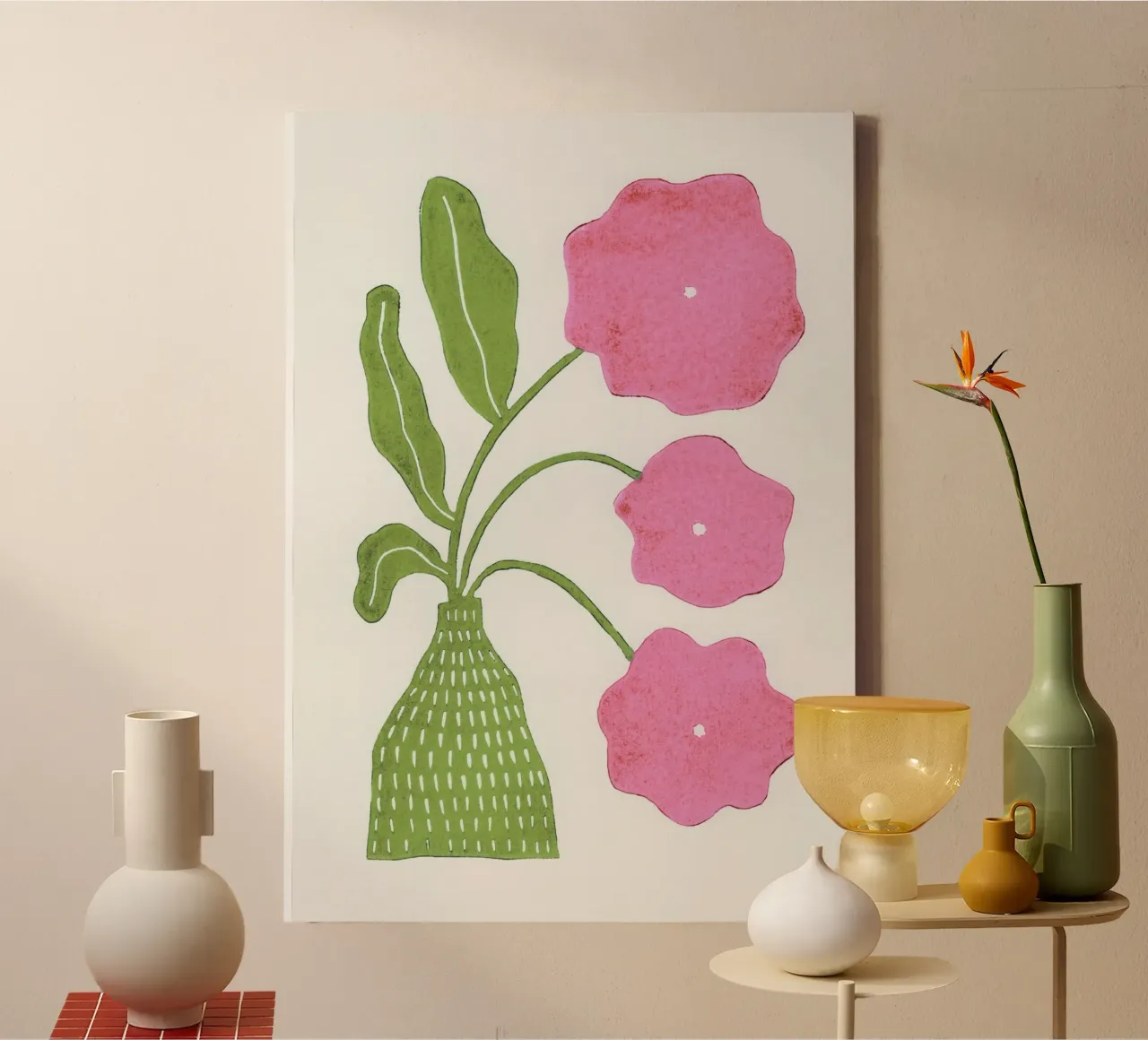 In Full Bloom / Green & Pink Lino Print canvas by Alisa Galitsyna