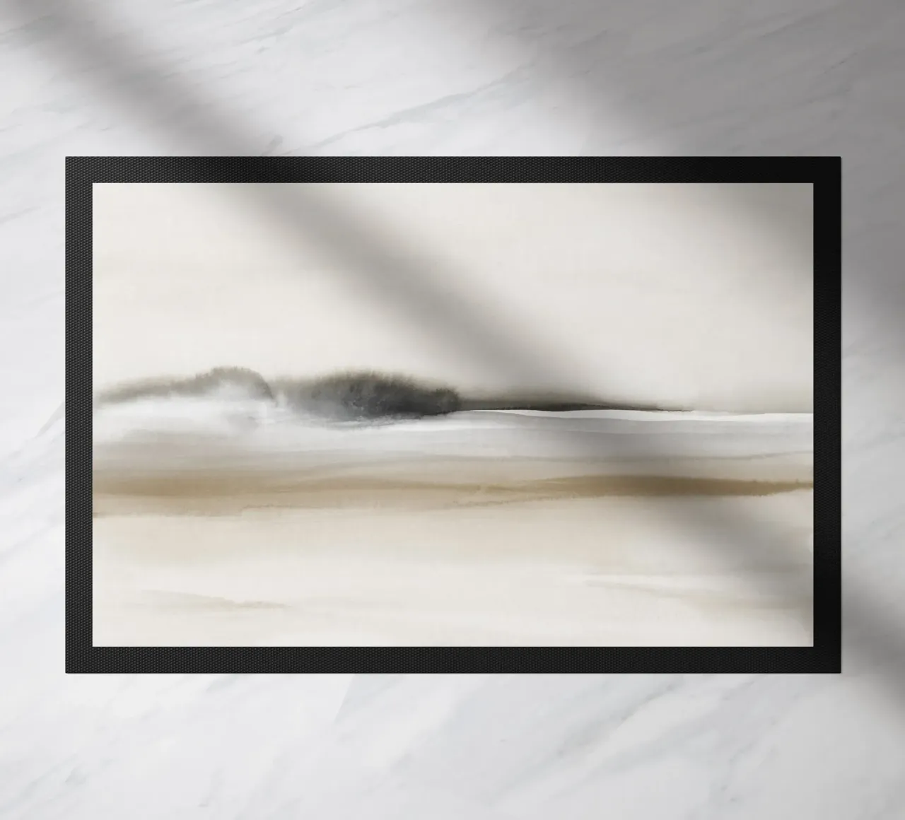 Beige and black watercolor foggy landscape doormat by NouveauPrints