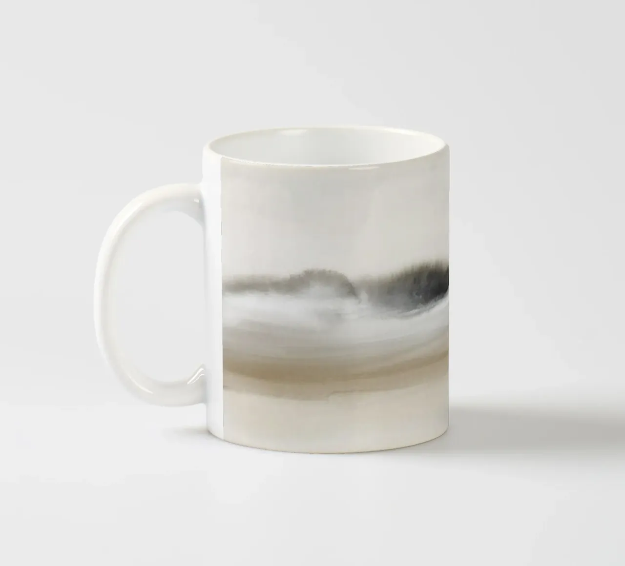 Beige and black watercolor foggy landscape ceramic mug by NouveauPrints