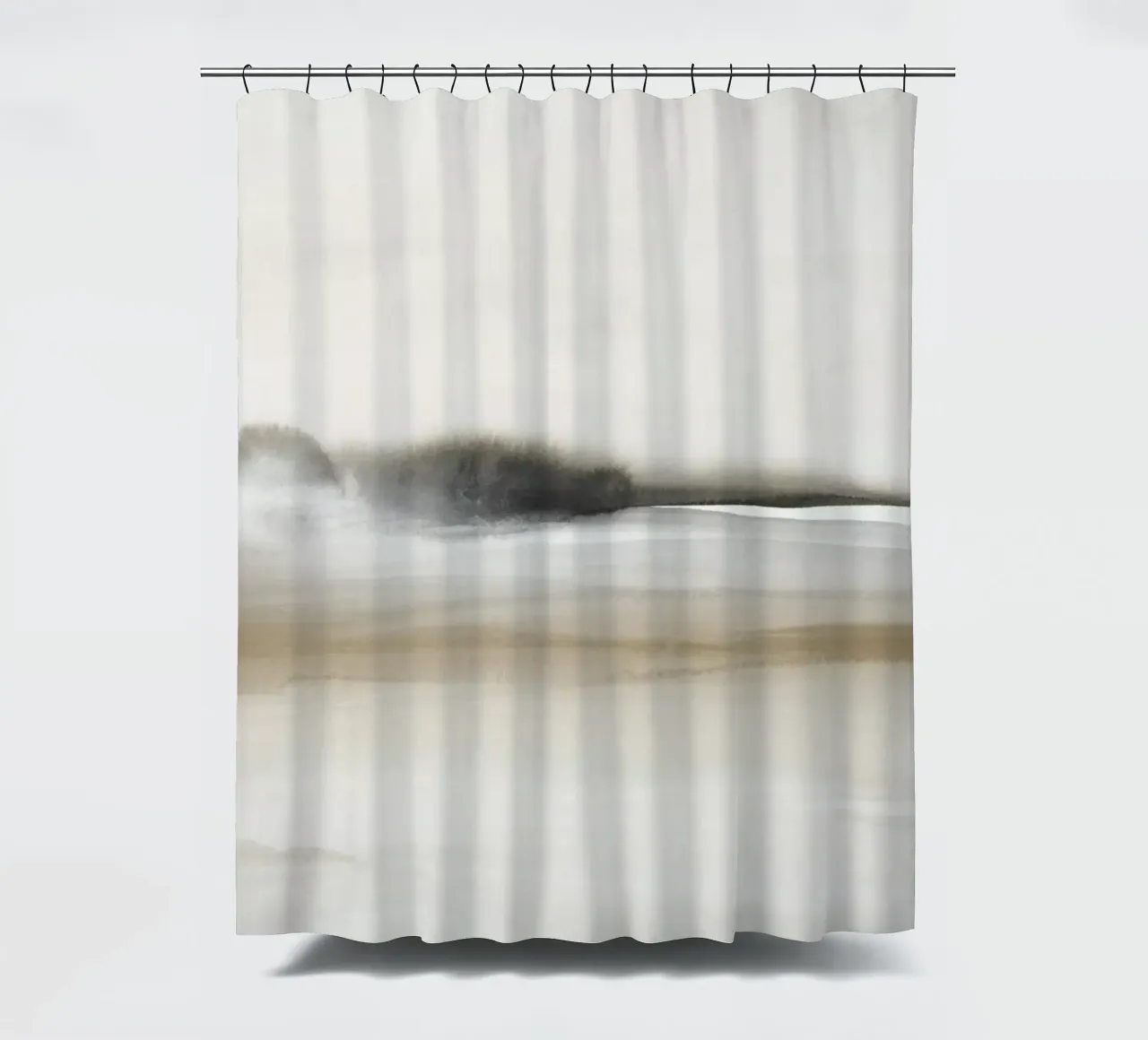 Beige and black watercolor foggy landscape shower curtain by NouveauPrints