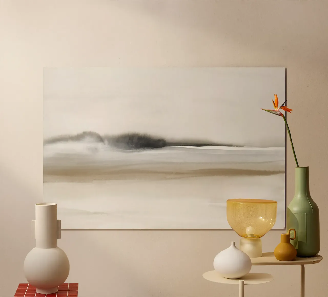 Beige and black watercolor foggy landscape hahnemühle by NouveauPrints