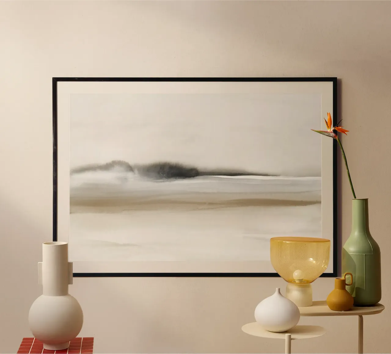 Beige and black watercolor foggy landscape hahnemühle by NouveauPrints