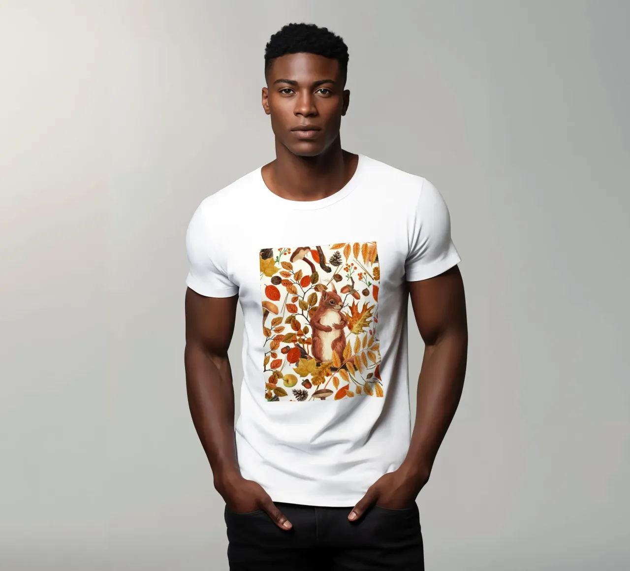 Écureuils d'automne et flore automnale sur fond blanc cassé t-shirt de Painted Nature