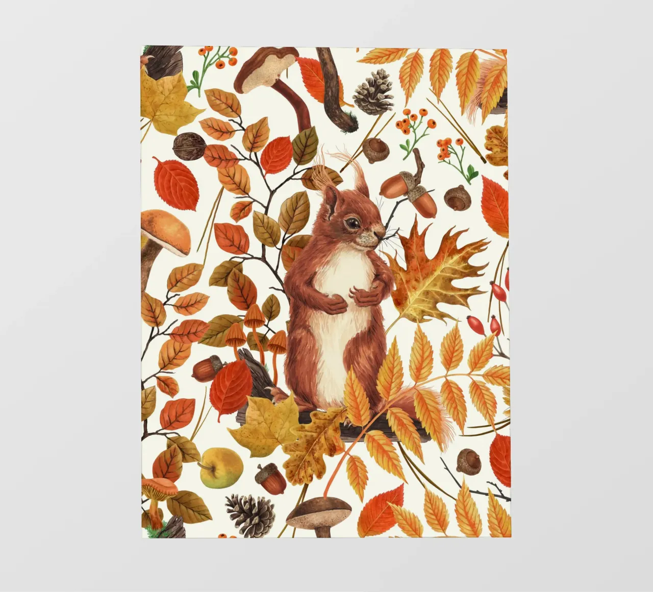 Écureuils d'automne et flore automnale sur fond blanc cassé bâche pvc de Painted Nature