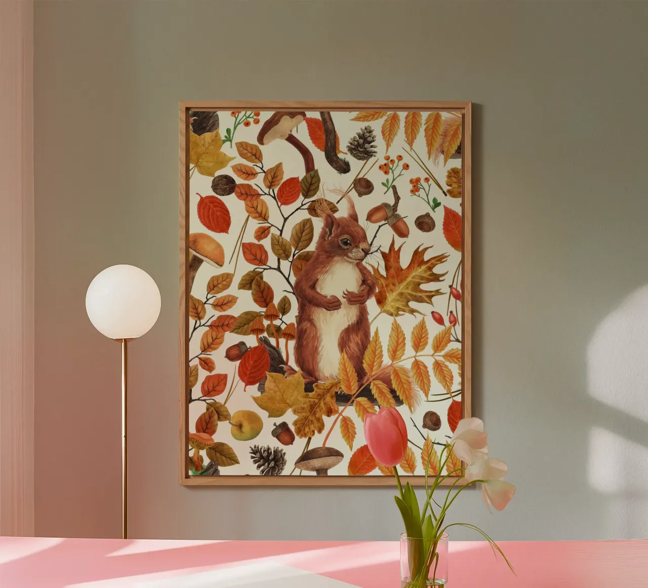 Autumn squirrels and autumnal flora on off white alu-dibond by Painted Nature