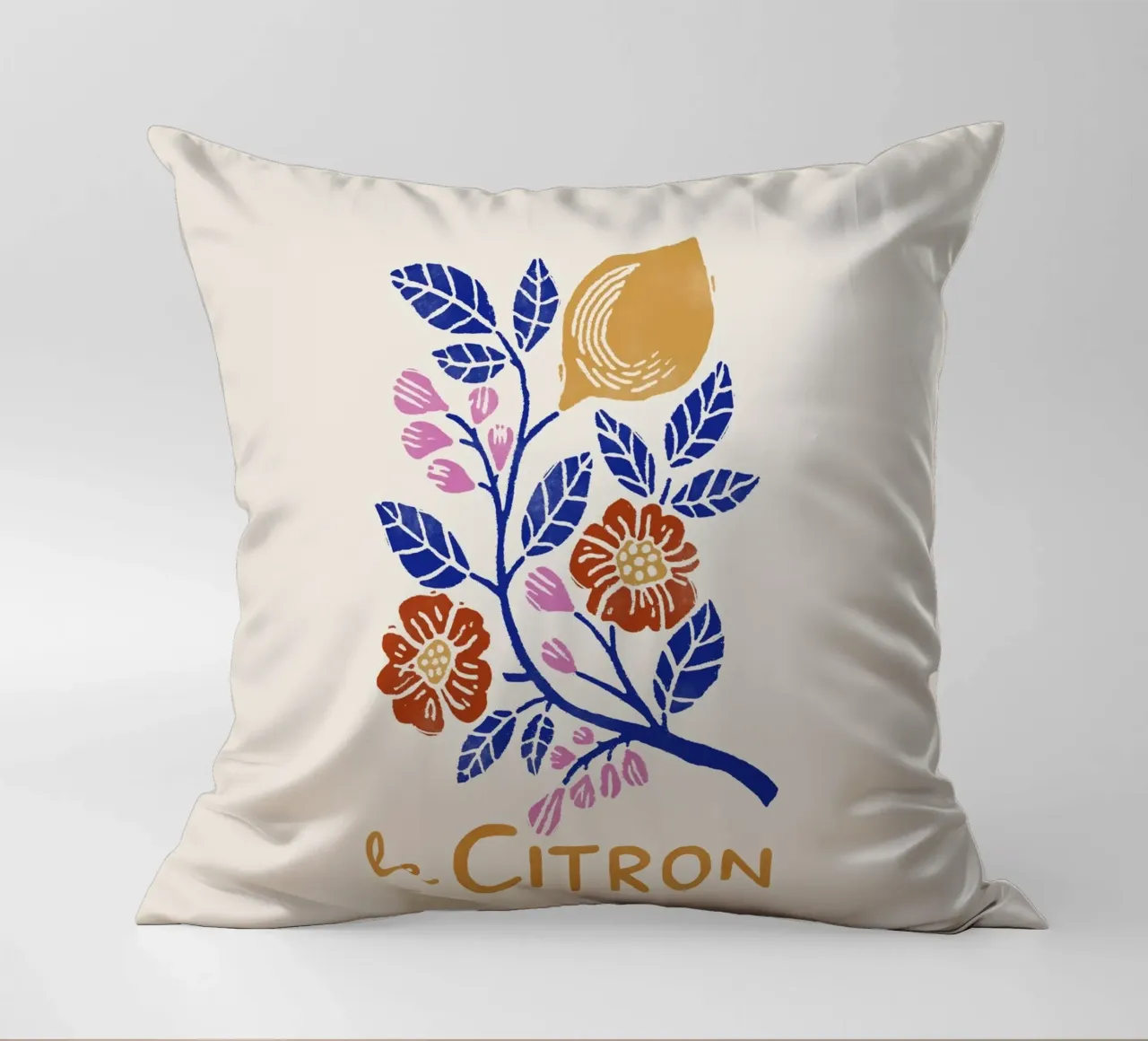 Le Citron – Botanical Lemon Art Print in Lino Cut Style decorative cushion by showmemars