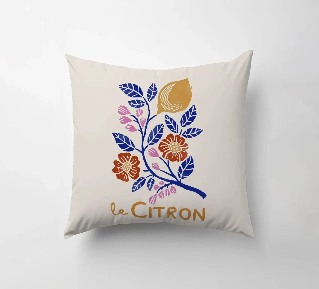 Le Citron – Botanical Lemon Art Print in Lino Cut Style decorative cushion by showmemars