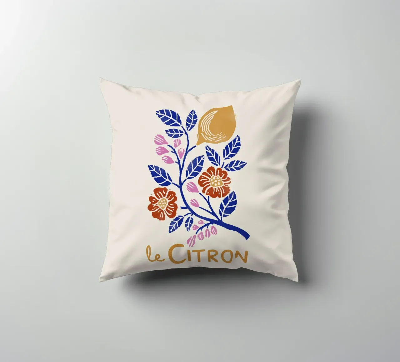 Le Citron – Botanical Lemon Art Print in Lino Cut Style decorative cushion by showmemars