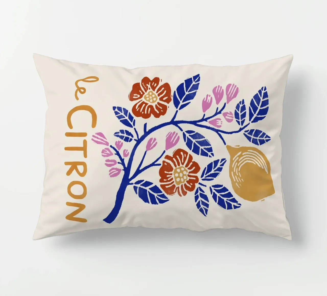 Le Citron – Botanical Lemon Art Print in Lino Cut Style decorative cushion by showmemars