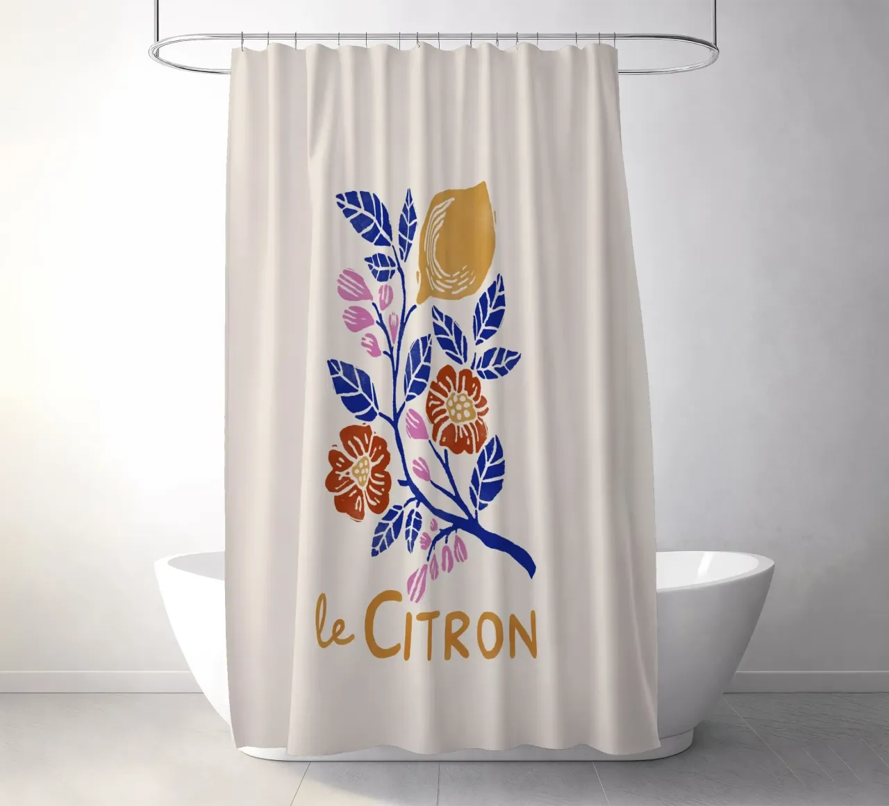 Le Citron - Botanischer Zitronen-Kunstdruck im Linolschnitt-Stil Duschvorhang von showmemars