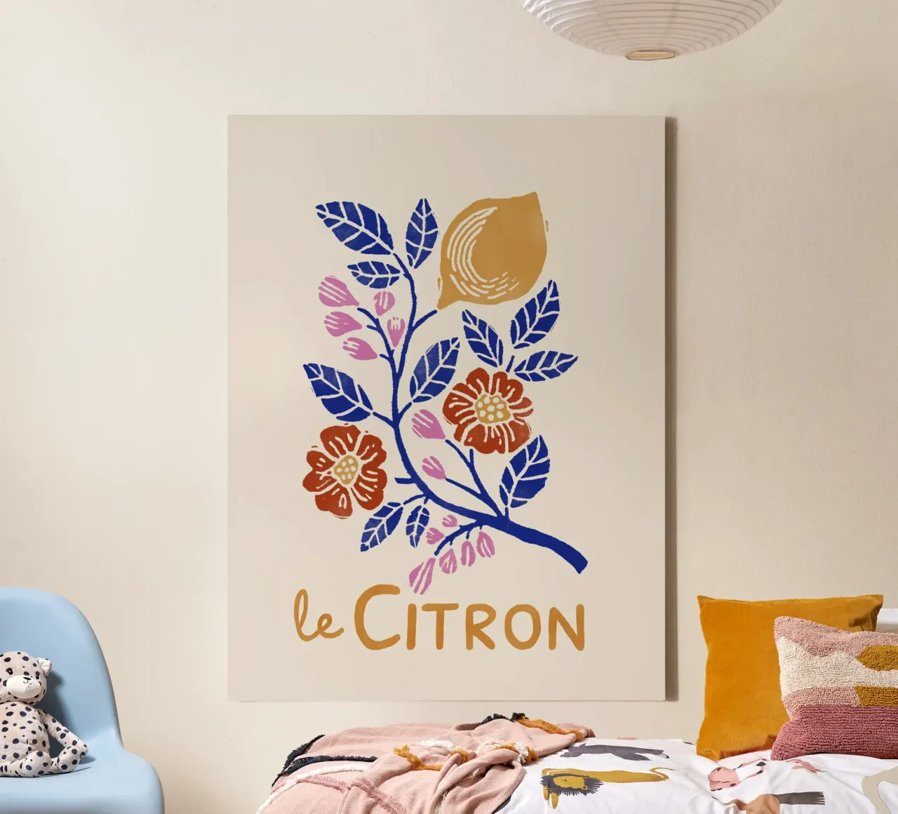 Le Citron – Botanical Lemon Art Print in Lino Cut Style canvas by showmemars