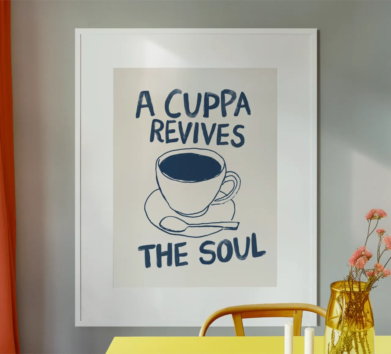 A Cuppa Revives the Soul (Una tazza di caffè ravviva l'anima) Stampa tipografica blu stravagante poster con telaio in legno da THE MOTIVATED TYPE