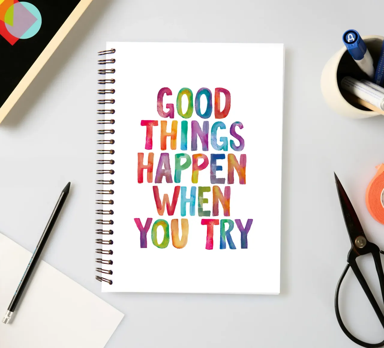 Good Things Happen When You Try Rainbow Typography Design spiral notebook by THE MOTIVATED TYPE