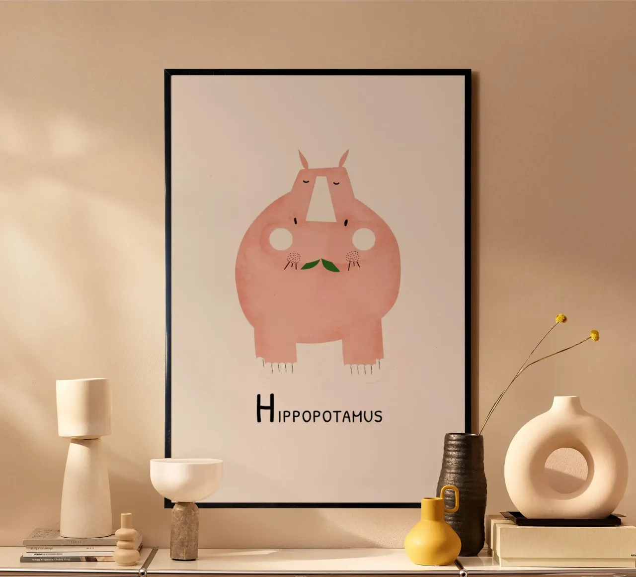 Hippopotamus poster con telaio in alluminio da Little Flourishes