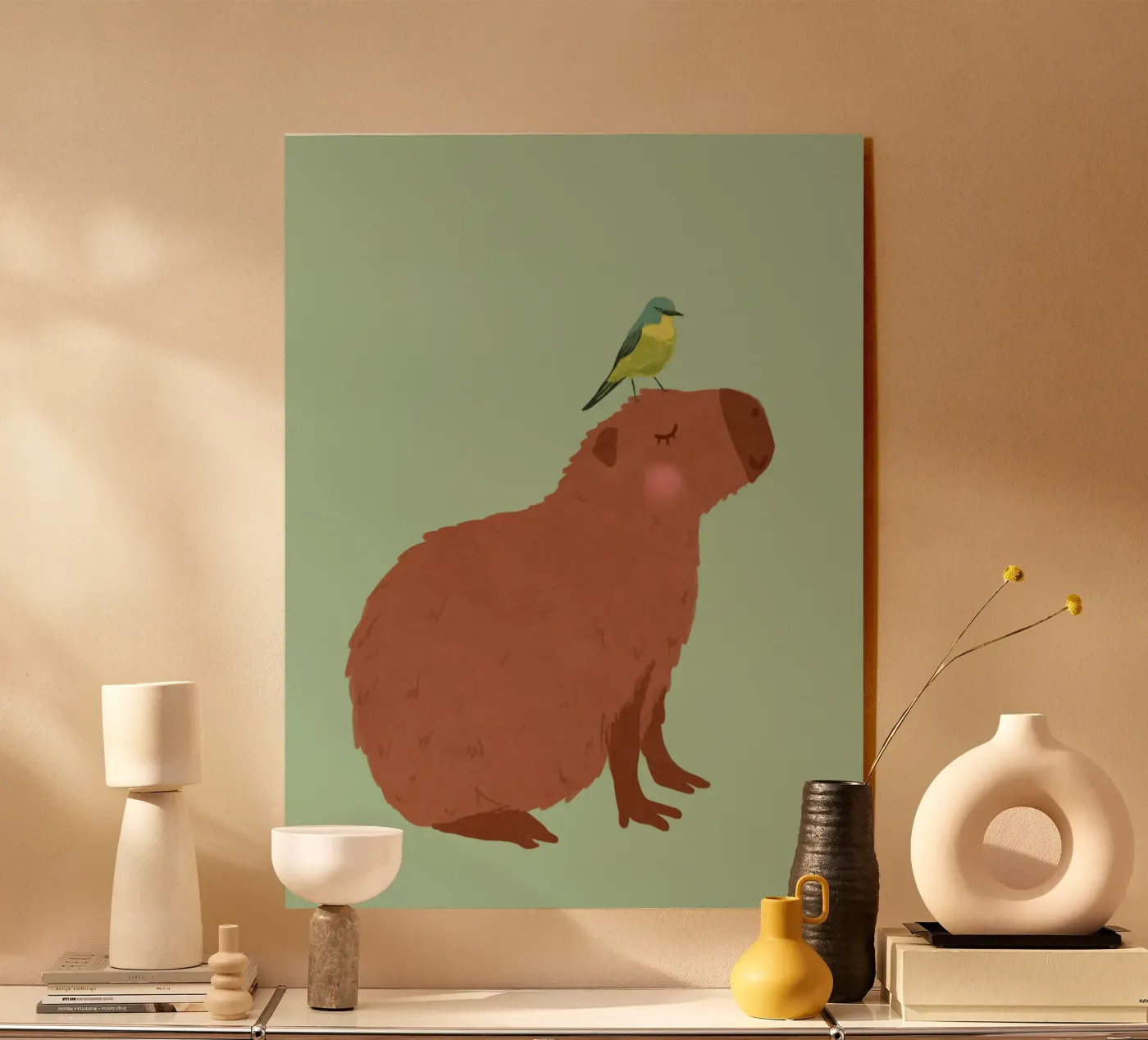 Capybara with Bird acryl van Illustration Raissa Oltmanns
