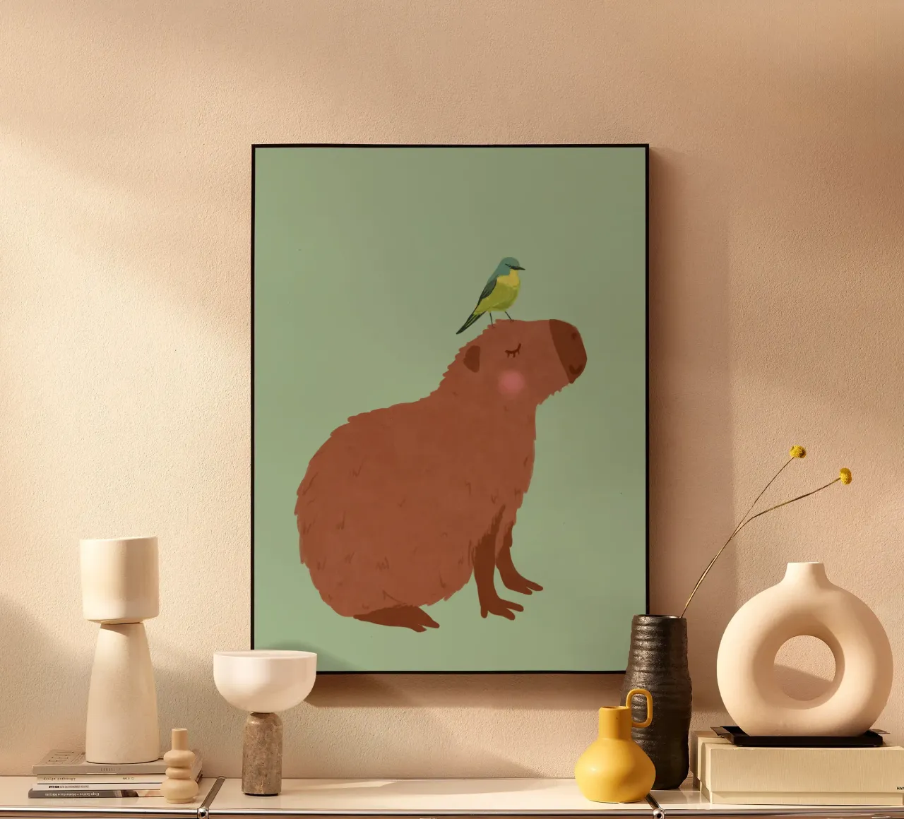 Capibara con uccello alluminio dibond da Illustration Raissa Oltmanns