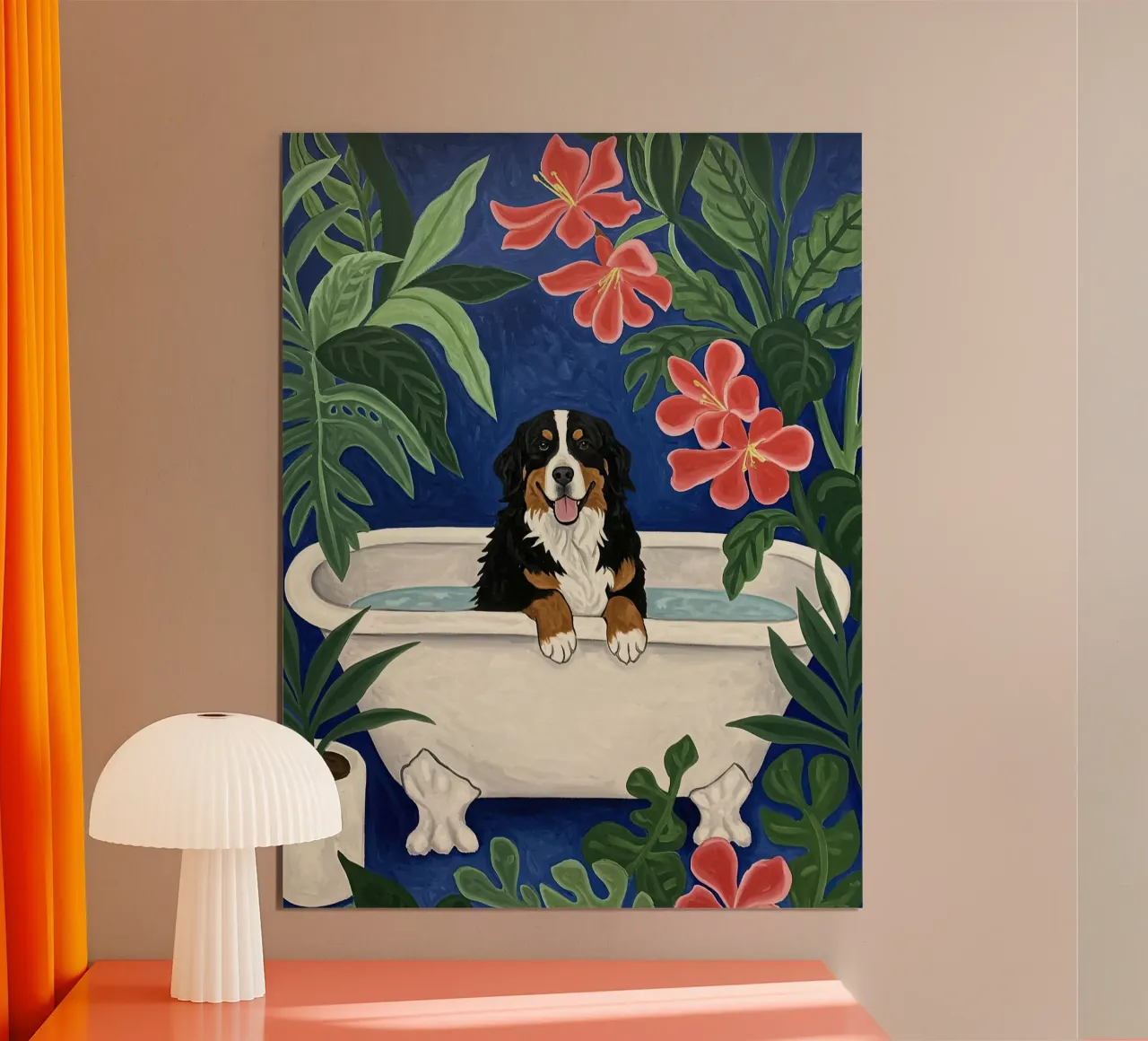 Bouvier bernois dans la baignoire poster avec cadre en bois de Art Center