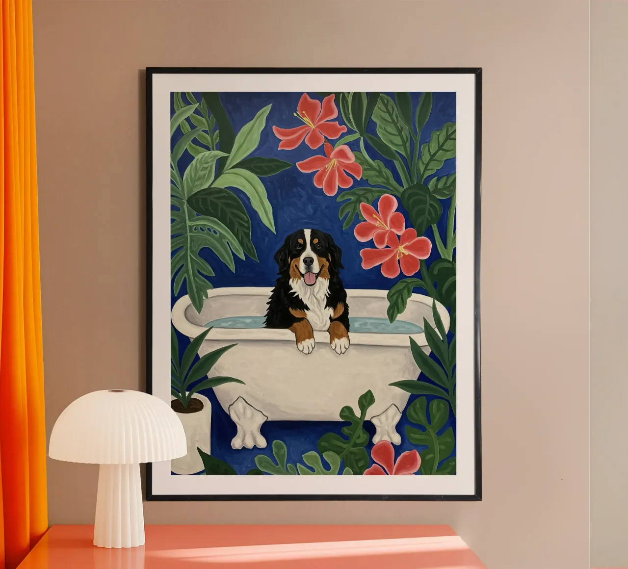 Bouvier bernois dans la baignoire poster avec cadre en bois de Art Center
