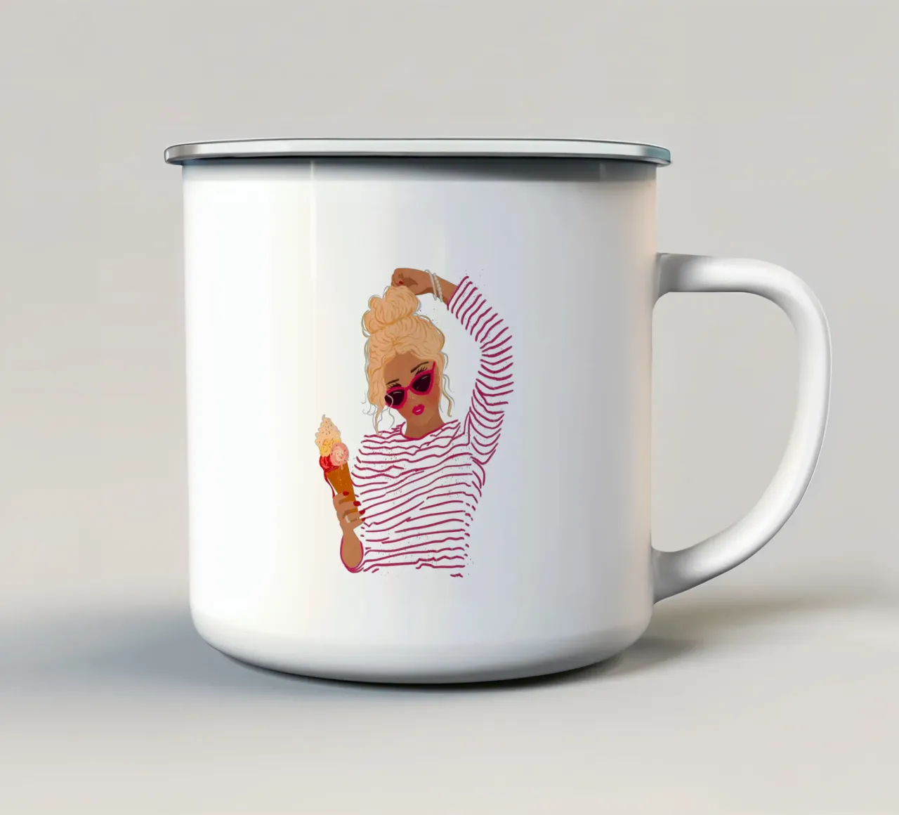 Ragazza a righe con gelato tazza in smalto da Illustration Raissa Oltmanns