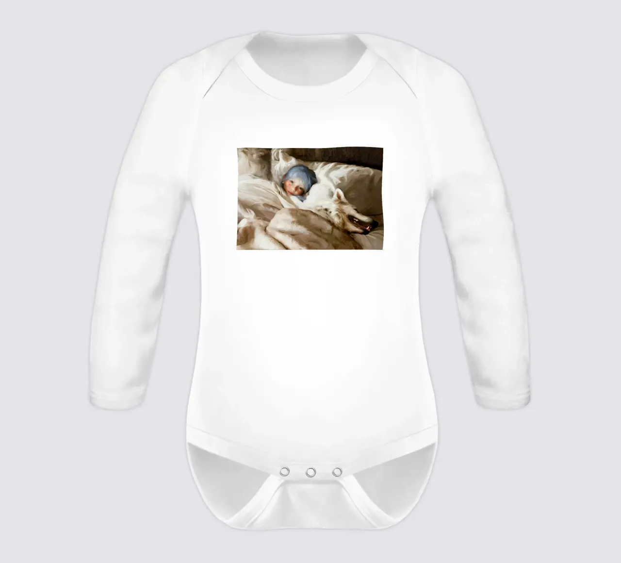 Guillermo Lorca Girl Sleeping with the Wolf long-sleeve baby romper by Birgitart