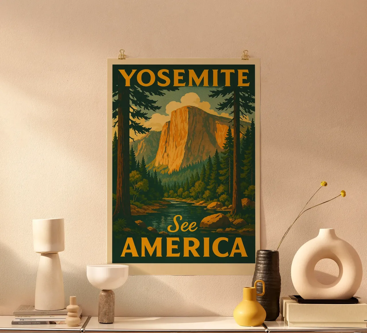 Reisen nach Yosemite Poster mit Holzrahmen von Mercury Club