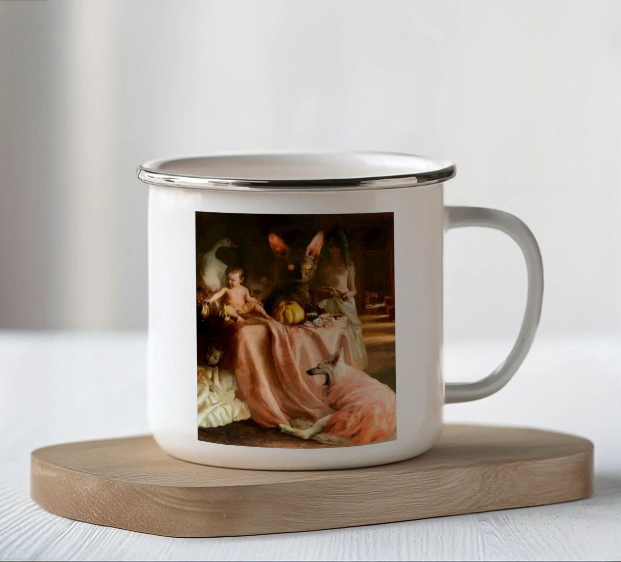 Guillermo Lorca Sade e il gatto tazza in smalto da Birgitart