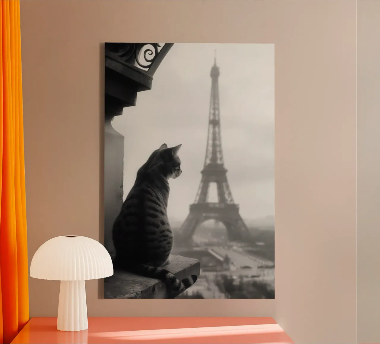 Cat with Eiffel Tower Paris | Black and white vintage photo canvas with Floater frame by Autofocus