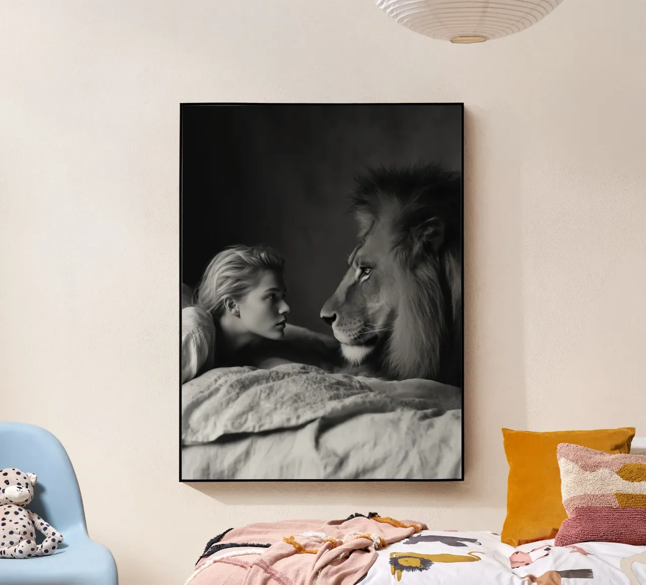 Due grossi felini a letto | Modello e leone plexiglass da Autofocus