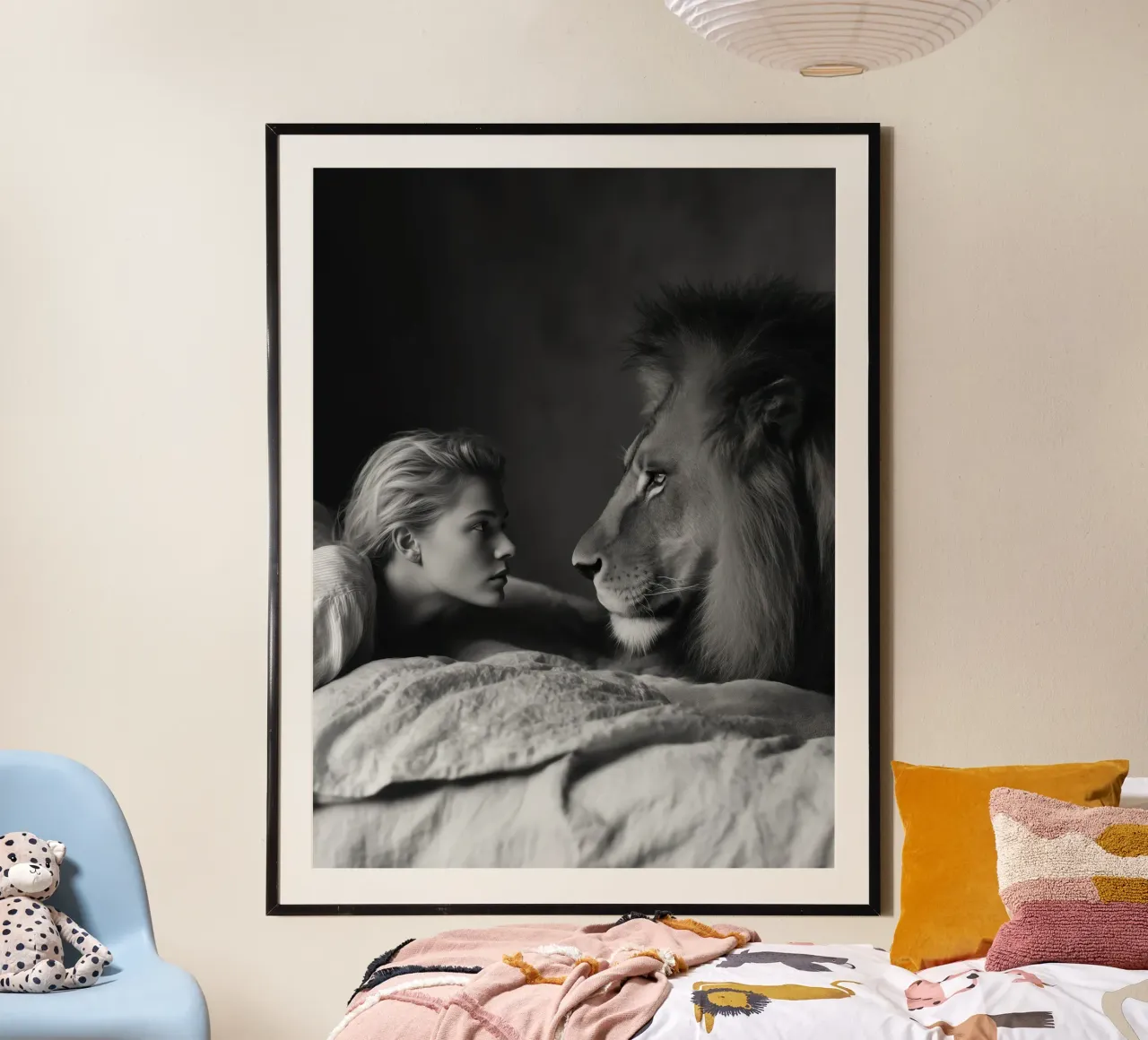 Due grossi felini a letto | Modello e leone poster da Autofocus