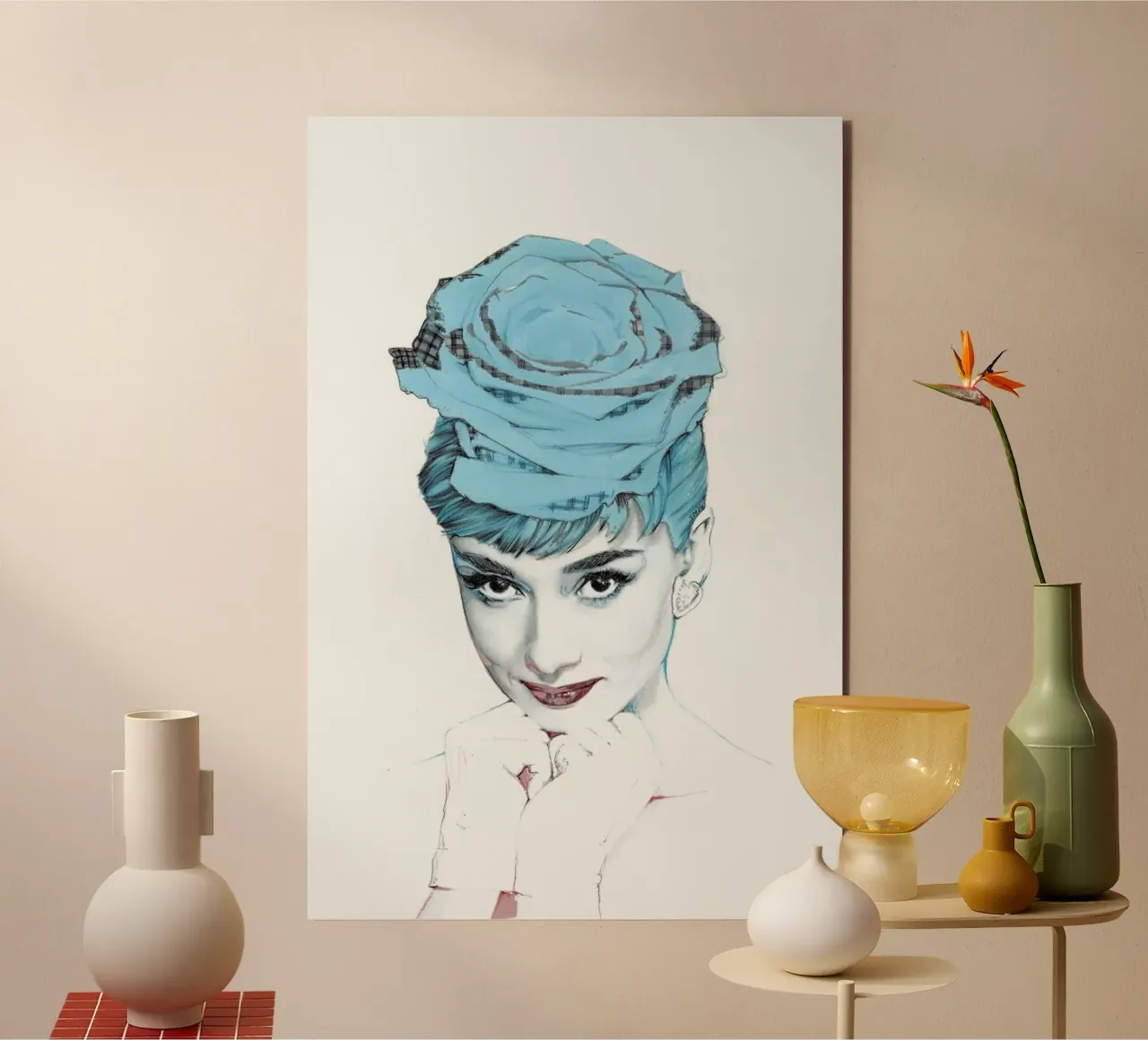 Audrey Hepburn in blu alluminio dibond da Susana Miranda ilustracion